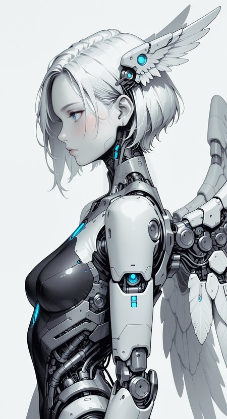 masterpiece, best quality, good quality, very awa, very aesthetic, absurdres, newest, 1girl, solo, medium breasts, blush, short hair, blue eyes, simple background, white background, closed mouth, upper body, monochrome, small breasts, wings, from side, profile, feathers, robot, head wings, feathered wings, science fiction, spot color, angel wings, white wings, android, cable, joints, lineart, cyborg, robot joints, mechanical wings, mechanical parts, hkmecha <lora:noobai_ep11_stabilizer_v0.138_fp16:0.35> <lora:ponyv6Noobe112Adamw.9Eti:0.7> <lora:MechaKnightsIL:0.7>