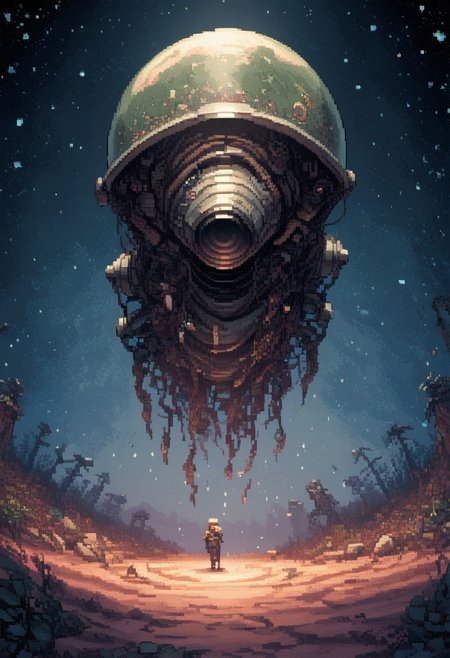 A lone astronaut is stranded on a rogue planet drifting through the void. The planet's surface is covered in bioluminescent flora that pulses with an eerie, rhythmic glow. As they explore, the astronaut experiences visions of alien civilizations and cosmic events, guided by the mysterious lights.
(ArsMJStylePony, detailed, dynamic, pixel art shading, pixel_art style background, zPDXL2, pixelart,pixel, yamer_pixel_fusion)
