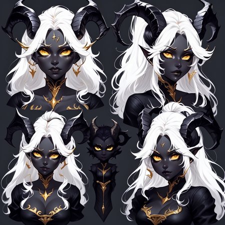 super sexy face,white hair, succubus with gold horns, black charcoal skin,highly focused,18th century,black outfit