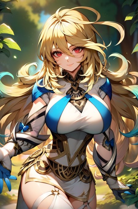 score_9, score_8_up, score_7_up, very aesthetic, source_anime, detailed, high quality, beautiful, masterpiece, detailed eyes,
<lora:lightXL:0.8>
forest, blurry background, magic effects,
<lora:action-sdxl-V0.5:1>zdyna_pose
dynamic angle, upper body, close up,
light smile, dynamic pose, 
<lora:millaX2_autismConfetti_v02:0.99>
milla maxwell, blonde hair, gradient hair, ahoge, red eyes, very long hair, large breasts, gloves, hair between eyes, short dress, side slit, white legwear,, zPDXL