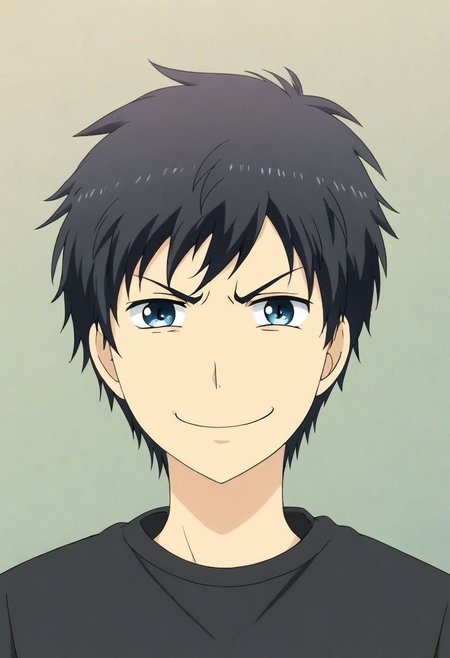 high resolution, solo, best quality, 1Boy, Arata Kaizaki, Black Hair, Blue Eyes, potrait, dark shirt, looking at viewer,  simple background, angry, smile, happiness, OverallDetail