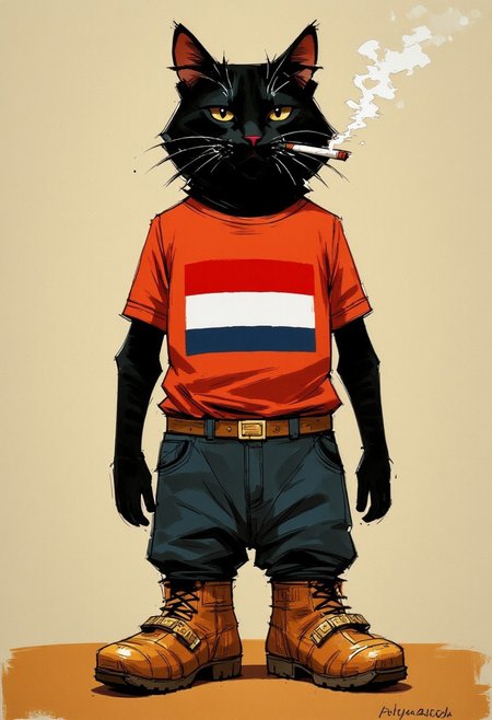 Oil painting by Frank Frazetta. An antrophomorphic black cat in wooden clogs, a tshirt with the Dutch flag and smoking a cigarette.