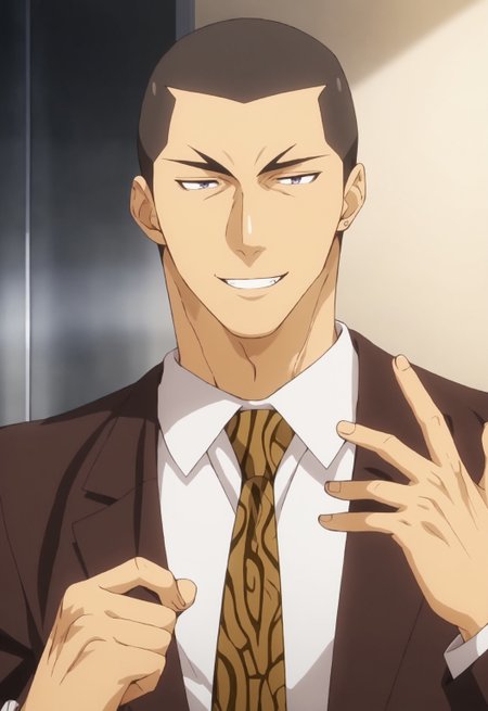 safe_pos, safe_pos, score_9, score_8_up, rating_nsfw, ultra hd, absurdres, best quality, best aesthetic, masculine, solo, 1boy, male focus, perfect proportions, handsome,  erotic, alluring, hand with five fingers, mature male,

FoodDojima, buzzcut, formal, neck tie, shirt, anime screencap, Expressiveh, open eyes, flirty smile, teeth