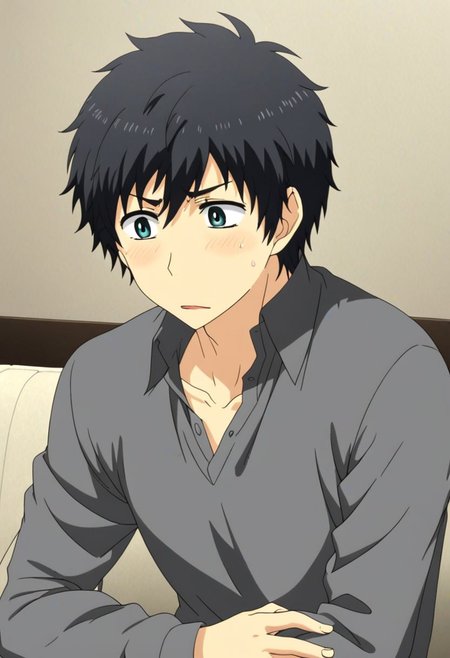 high resolution, solo, best quality, 1Boy, Arata Kaizaki, Black Hair, deep talk, helpless, sit, couch, OverallDetail