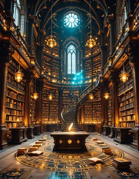 grand enchanted library filled with towering wooden bookshelves that stretch endlessly into the distance, packed with ancient, leather-bound books glowing with mystical runes. The atmosphere is illuminated by floating candles and ethereal blue and golden lights that hover in the air, casting a warm, magical glow. A spiral staircase made of dark oak winds upward, disappearing into the shadows of the high-vaulted ceiling adorned with intricate celestial carvings. Wisps of enchanted mist swirl around the floor, while some books levitate gently from shelf to shelf, as if guided by an unseen force. The air shimmers with dust particles suspended in soft, golden light filtering through stained glass windows, depicting mythical creatures and arcane symbols. The scene is rich in deep, warm tones of mahogany, gold, and sapphire, evoking a sense of wonder, mystery, and timeless knowledge. The image is highly detailed and photorealistic, capturing the textures of the aged books, the glow of magical elements, and the enchanting stillness of this mystical sanctuary of wisdom.
<lora:SDXLFaeTastic2400:0.4> <lora:extremely_detailed:0.4> extremely detailed,<lora:3nch4nt3d_l1br4ry-ill:1>,3nch4nt3d l1br4ry, Masterpiece,best quality,hi res,8k,hi res,8k,award winning,(sharp focus, intricate, highly detailed),