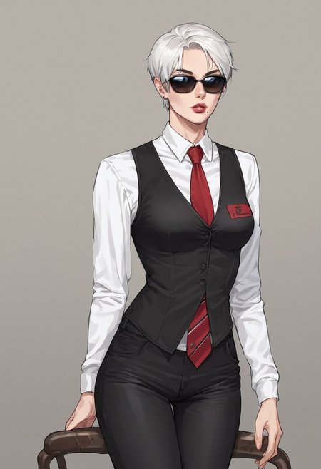 score_9, score_8_up, score_7_up, source_anime, BREAK 1girl, solo, Strangelove, short hair, white hair, Sunglasses, mole under lips, white shirt, long sleeves, black vest, red tie, black pants, tight clothes,