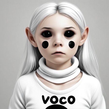 voo is an (adult female and looks about 30 years old) with a (black circle on each cheek) and (black marbles for eyes).She has large and tall. 
voo has (Long white_hair) with a metallic shine.
Voo has a (white_roll_neck_sweater).
sad