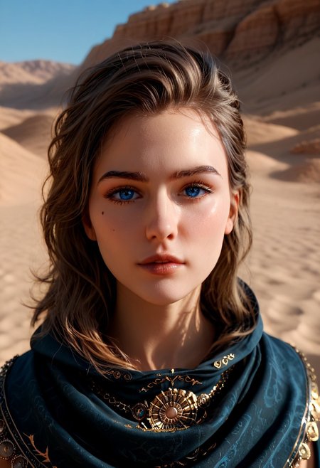 Sexy beauty 1girl 28 years old, ((full shots)), Helena, ((solo:1.4)), standing on a dune, looking into the distance, thick light hair fluttering, eyes glowing with blue neon, dark cape with a hood, somewhere in the desert of the planet Arrakis (Dune, Rakis planet), two suns rising on the horizon, a sandstorm is approaching, ether is visible above the surface of the sands - a pale neon pink spice in the form of vapors, view from the side, high detail of clothing, spherical desert lens flare reflection a girls standing in the desert, (beautiful face:1.3), hdr, raw filter, natural light, perfect composition, hyper realistic, blurred background, (dynamic shadows), overall detail, expressiveh, dynamic lighting, cinematic take, real life photo, raw, amateur, photo, photorealistic, ultra detail, masterpiece, best quality, highres, realistic, epic composition, highly detailed skin, skin texture, pores, fine hairs on the skin, ((clear eye lines)), ((pupil)), ((eyelashes)), ((eyebrows)), (normal composition, no glare, no highlights), 8k, high quality