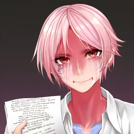 <lora:Technoblade_Avatar:1>  (masterpiece, best illustration), 1boy, solo, male focus, brown eyes, pink and blonde hair, looking at viewer, shirt, colored skin,  tusks from bottom lip, red and pink gradient face paint, dripping pink face paint, shiny skin, glittery skin,throwing papers around, papers flying, depth of field, sci fi background, extreme light and shadow, rim lighting,