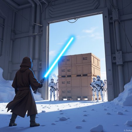 A young Jedi named Obi Wan BuzzObi is hunting imperial scum.  He is looking for the last remaining BUZZ on the Frozen world of Hoth.  He enters a large imperial hanger where several Storm Troopers are guarding a large pallet of BUZZ. His blue lightsaber is drawn and he is ready for battle. The pallet should be boxes or crates and they should be clearly labelled with BUZZ. Include the title of the scene is "May The BUZZ Be With You" at the top of the image.