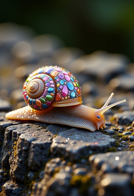 (Macro photograph:1.2) of a snail resting on a stone. Its shell is transparent, revealing a delightful mix of glitter and colorful candies inside. The overall tone of the image is harmonious and beautiful, capturing the whimsical essence of this enchanting scene, 8k, best quality, ultra-realistic. aidmaMJ6.1, aidmaimageupgrader, crystalz, Chiaroscuro Lighting Style, Covered in shadows , partially covered in shadows