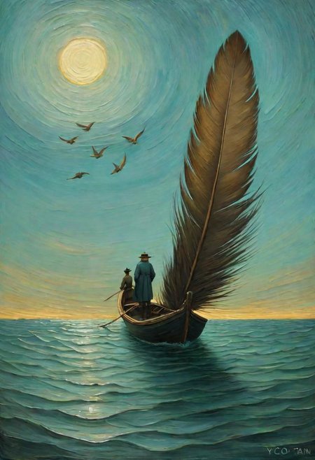 <lyco:ShaunTan:1.0> feather gods, fantasy surrealism, oil painting, impressionism, mix the styles of Van Gogh and Shaun Tan