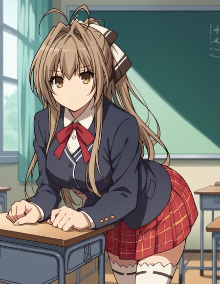 score_9, score_8_up, score_7_up, source_anime,
isuzusento, <lora:isuzu-sento-s1-ponyxl-lora-nochekaiser:1>,
isuzu sento, long hair, brown hair, bow, brown eyes, ponytail, hair intakes, antenna hair,
skirt, thighhighs, ribbon, school uniform, pleated skirt, white thighhighs, zettai ryouiki, plaid, plaid skirt, 
indoors, classroom, bent over,
looking at viewer, cowboy shot, dutch angle, solo,