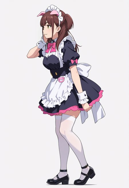 Smooth Quality,masterpiece,very intricate, high quality details, ultra realistic, high detailed skin,detailed enviorement,absurdres,
 <lora:Wahira_Nagomi_CNR:0.8> wahira_cnr, 1girl,brown hair, long hair, two side up, yellow eyes,pig ears, fake animal ears,maid, maid headdress, maid apron, puffy short sleeves,white thighhighs, black footwear, wrist cuffs, frills, pink bowtie,, simple background, white background, from side,solo,
standing pose, arms akimbo, feet slightly apart, determined expression, balanced posture,  ,, :3,