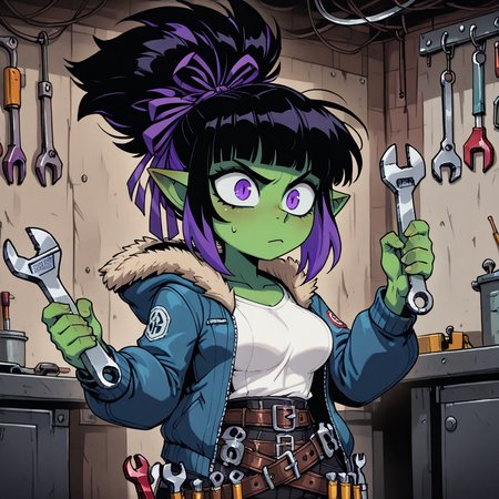 masterpiece, best quality, newest, absurdres, highres, ZANV1.0, 1girl, goblin, shortstack, hair ribbon, tied hair, green skin, green colored skin, two-tone hair, purple hair, black hair, purple eyes, purple ribbon, shirt, jacket, belt, multiple belts, medium breasts, blue jacket, fur-trimmed jacket, hooded jacket, pointy ears, holding wrench, rench, tools, workshop