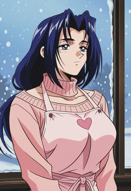 masterpiece, best quality, newest, highres, uncensored, 1girl, yokota mamoru style,1girl, slender face，motion lines,
Amou Miyuki OVA,Black Hair, Blue Hair, Curtained Hair, Parted in Middle, Ponytail, Waist Length Hair,Blue Eyes, Tareme Eyes,Big Breasts,1girl, solo, snowing, blue hair, snow, sweater, apron, long hair, window, 1990s (style), retro artstyle, blue eyes
The image is a digital drawing in the style of anime, featuring a young woman with a serious expression, looking out of a window. She has long, dark blue hair that falls straight down to her shoulders and a fair complexion. Her eyes are a deep brown, and she has a small, slightly pouty mouth. She is wearing a pink sweater with the word "Paya" written in green letters on the front.