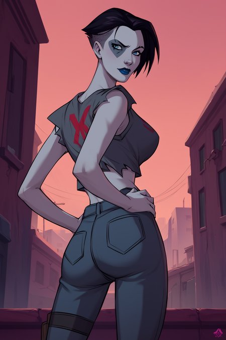 PonyXLV6_Scores BREAK <lora:add-detail-xl:1>, ((zPDXL2)), (absurd resolution, perfect anatomy), <lora:Domino:1> neena thurman, short hair, black hair, blue eyes, colored skin, blue skin, lipstick, black lips, flirting, raised eyebrow, ((looking back at viewer)), future, torn shirt, pants, large breasts, curvy, toned, athletic, thigh gap, sexually suggestive, standing, hands on hip, outdoors