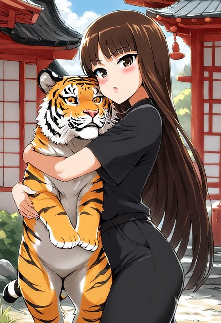 score_9, score_8_up, score_7_up, score_6_up, 
BREAK <lora:p3tl0v3XLP:1> p3tl0v3, 1girl, <lora:shihoNishizumiXL_LoRA-C3Lier_AdamW_Dim8_Alpha8_UN-3e-4_TE-1.5e-4_10batch_ponyDiffusionV6XL_v6StartWithThisOne:1>, nishizumi shiho, 1girl, brown hair, long hair, straight hair, blunt bangs, black shirt, black pants, brown eyes, hugging a tiger, outdoors, standing behind traditional japanese house, detailed background, <lora:AsanagiP:0.8>, AsanagiP,