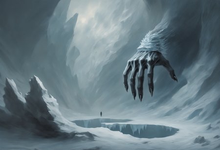 The monochromatic painting depicts a colossal, bony hand emerging from an icy abyss. The hand is deformed and adorned with long, sharp claws. The background is dominated by ice and snow, creating a cold and hostile atmosphere. The hand appears to be breaking through the reflective surface of the ice, hinting at a massive creature lurking beneath. A blizzard rages on, adding to the intensity, while the snowstorm envelops the scene, making the hand's emergence even more dramatic.