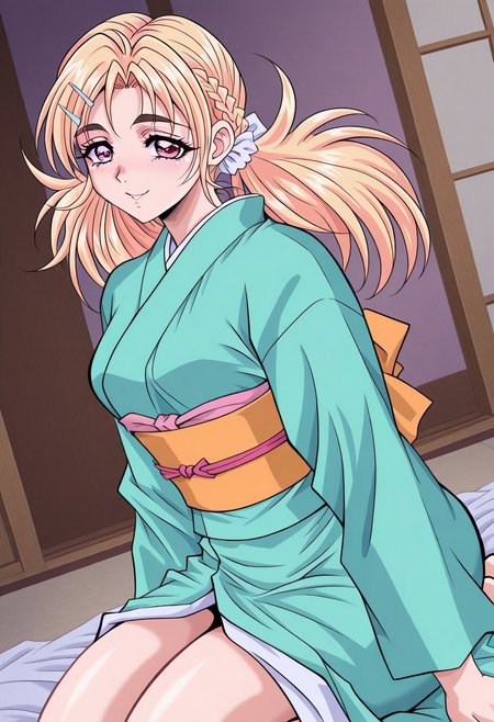 masterpiece, best quality, newest, highres, uncensored, 1girl, yokota mamoru style,1girl,
Yamazaki Kanna，Blonde Hair, Long Hair, Parted to Side, Shoulder-length Hair, Twin Tails, Tareme eyes,pink eyes, Slimhair bun, single hair bun, braid, french braid,japanese clothes, kimono, sash, obi, green kimono,indoors, sitting, seiza,looking at viewer, cowboy shot, solo, dutch angle,seductive smile,torogao