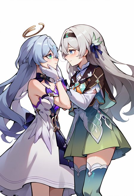 score_9, score_7_up, source_anime, 2girls, looking at another, 
BREAK light smile,   <lora:Char-HonkaiSR-Robin-Pony-V1:0.8> robin \(honkai: star rail\), head wings, halo, earrings, detached collar, sleeveless dress, detached sleeves, white gloves, blue pumps, hands on another's face, 
BREAK  <lora:ChamFireflyV2PonyXL:1> FireflyDefault, blue pupils, long hair, black hairband, hair ornament, brown capelet, frilled collar, white shirt, long white sleeves, green skirt, gradient thighhighs, blush,