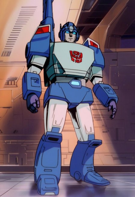 concept art score_9, score_8_up, score_7_up, animation, transformers, 1boy, robot, Autobot, Tall, bulky, glowing eyes, Blue eyes, large eyes, circular eyes, dark Blue armor, artillery cannons, fusion cannons, transforms into Stealth Cybertronian anti_gravity artillery tank, full body, cowboy shot, smiling, holding rifle, Autobot Symbol (Red),  full body,  <lora:Transformers 86 FT:1> . digital artwork, illustrative, painterly, matte painting, highly detailed