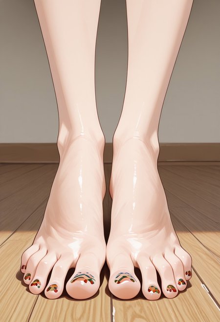 1girl, solo, barefoot, feet, wooden floor, (patterned toenail_polish), ((close-up)), lower_body, spreading toes, detailed feet, feet_focus, perfect toes, toes focus, close-up on toes, five_toes, from below