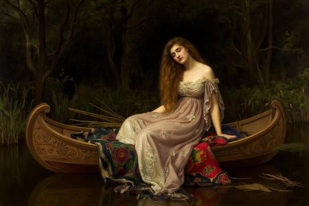 johncollier1 painting.
jwwaterhouse1. A young woman seated on top of a colorful blanket inside a small ornate wooden boat. There are some reeds beside the boat. She wears a flowing, pale gown adorned with delicate floral patterns, her long, loose hair cascading around her shoulders. Her face is melancholic. There is a forest in the background.  <lora:johncollier1_cap_d8a4e12:1.0><lora:850620521656667630:0>