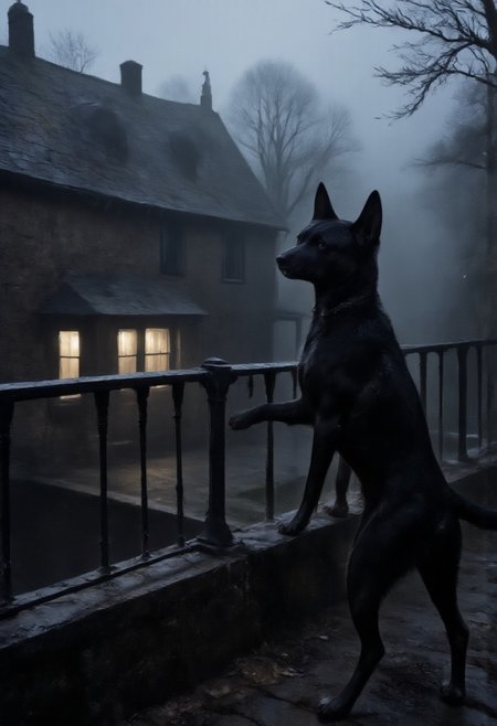 a dog, paws on railing, standing on hind legs, looking outside, view from back of dog, roof top, old house, evening, trees, dark atmosphere, fog,