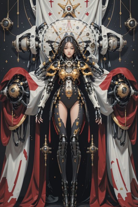 <lora:tarot_mecha:1>,1girl,mecha,full body,Tarot, red armor, star map,simple background,  <lora:animetarotV51:0.8>, <lora:techpriest:0.6>, mechanical arms, steampunk, hood, robe, techpriest, (masterpiece, best quality, high quality, highres, ultra-detailed),