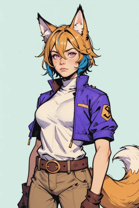 1girl, animal ears, solo, tail, fox ears, fox tail, blue hair, multicolored hair, brown gloves, white hair, jacket, hair ornament, purple eyes, short hair, pants, gloves, hair between eyes, cropped jacket, streaked hair, short sleeves, animal ear fluff, feathers, belt, simple background, fox girl, blue background, closed mouth, brown belt, brown pants, blue jacket, cowboy shot, two-tone hair, brown shirt, shirt, feather hair ornament, open clothes, open jacket, borrowed character, looking up, pink eyes, gradient background, standing, layered sleeves, turtleneck, short over long sleeves, grey background, purple jacket, arms at sides, <lora:Expressive_H:0.5>, score_9, score_8_up, score_8_up, a_Comic_Illustration, rough lines with ink, (drawn:1.1), (sketch:1.5), (crosshatching:1.25), (comic style:1.1), graphic novel style, sharp lines, hires, zstyle, (western comics \(style\):1.1), (hatching \(texture\):1.2), zPDXL, Mr_Monster_Possitive