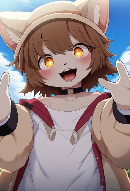 masterpiece, hyper detailed, best quality,(furry:1.3),1boy, solo, virtual youtuber, hat, brown hair, open mouth, smile, looking at viewer, long sleeves, upper body, choker, sky, shirt, bangs, white shirt, short hair  ,<lora:DAGASIXLlokr8f-000188:0.95>