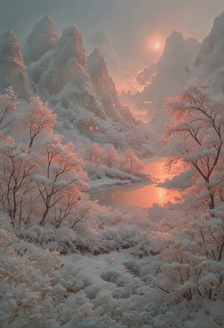 psychodelic scenic japan night landscape, novuschroma73 style, sakura garden, (((winter))), snow, frost, frozen, ice, mountains, lake, perfect composition, sunlight, golden hour, haze, low angle, masterpiece, award winning,, ultra detailed, highly detailed, 8k, uhd, Style-Japan, vivid colours, luminous, ethereal, steam from ice melting,