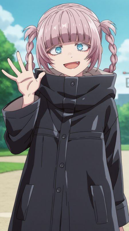score_9, score_8_up, score_7_up,anime_source, source_anime, best background, detailed background, anime screencap, 4k, upscale,  Nazuna Nanakusa, solo, looking at viewer, smile, open mouth, outdoors, blurry, coat, blurry background, black coat, waving  <lora:JN_Nazuna_Nanakusa_Pony:0.8>