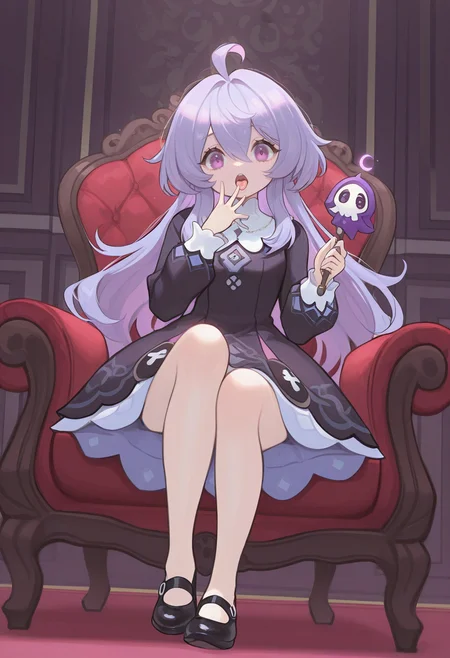 masterpiece, best quality,  <lora:Alpaca:1> 4lp4c4,  1girl, long hair, dress, holding, shoes, ahoge, tongue, open mouth, sitting, bangs, purple hair, long sleeves, hair between eyes, black footwear, looking at viewer, purple eyes