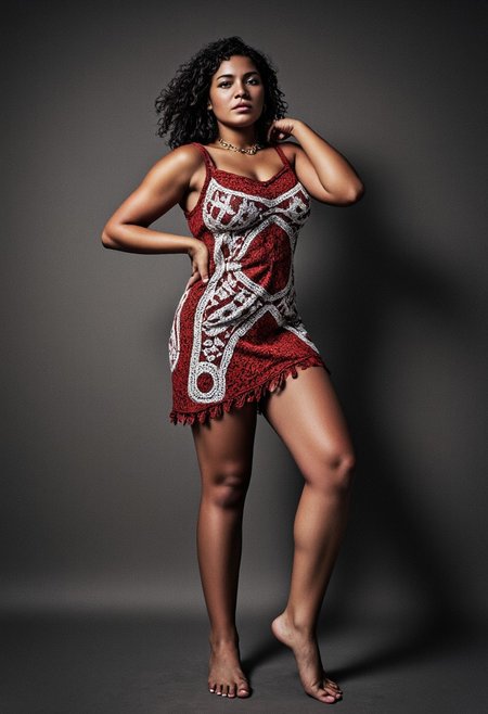 brazilian woman in a tribal dress standing in a powerful sexy pose, dreamy atmosphere,, very detailed, high resolution, sharp, sharp image, 4k, 8k, masterpiece, best quality, trending on artstation,