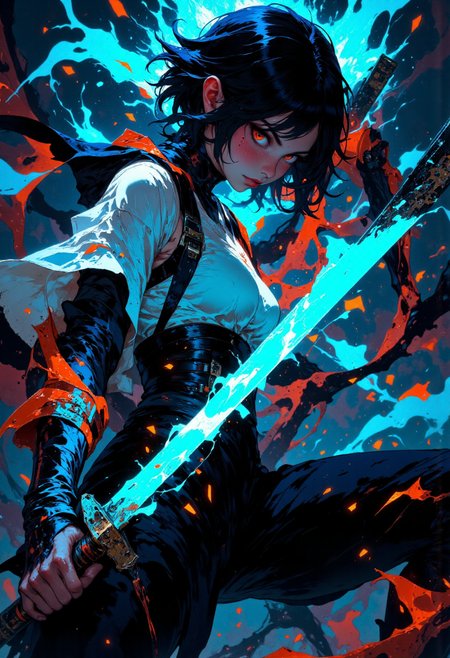 mythp0rt, A woman in black pants and a white top wields a glowing blue katana. Her short black hair partially obscures her intense, red-eyed gaze. Sparks and embers fly around her in the dimly lit, blurred background. Anime style, high contrast, and saturated colors.
<lora:Anime v1.3:0.5> <lora:VividlySurreal:0.5> <lora:FLUX-daubrez-DB4RZ-v2:0.45> <lora:FluxMythP0rtr4itStyle:0.7>