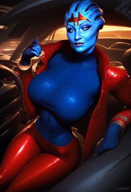 score_9, score_8_up, score_7_up,samara1, 1girl, alien, light-blue eyes, golden cuffs, without ears, samara1, mature,old milf,without eyebrows, without hair, standing, black elbow gloves, seductive smile, red skintight sweater, gold buttoned up jacket, red tiara, extremely detailed,black miniskirt,blue skin,toned body,large breasts, tight red pants without pockets, oiled body, shiny body, narrow waist,red thigh high boots, blue undershirt,smirking,car,sitting on car hood