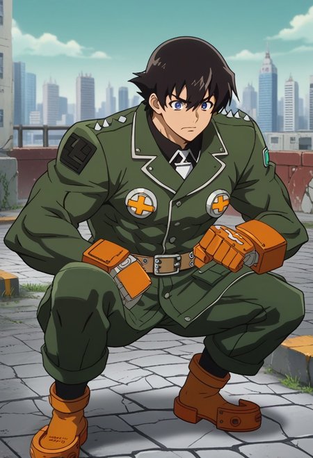 score_9, score_8_up, 1boy, yukiteru_amano's head, ggstpot's body, source_anime, anime screencap, anime coloring, 2d, zPDXL2, black hair, blue eyes, short hair, hair between eyes, huge male, ultra-muscular male, no helmet, green jacket, pants, boots, gauntlets, belt, spikes, outdoors, detailed background, cityscape, torn up pavement, cracked pavement, dynamic entry, crater, destroyed pavement, superhero landing, fist hitting the ground, impact frame, goofy expression, confident