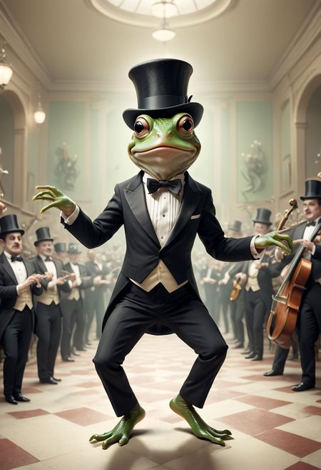 A surreal mind image of a frog dancing in a musical movie, wearing a top hat and tuxedo