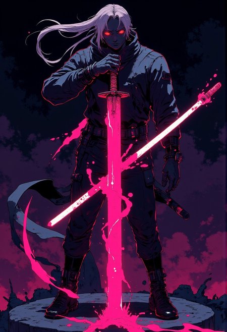 A dynamic and intense anime-style illustration featuring a colossal Dragon Samurai. The character towering and muscular, with long white hair tied in a ponytail, and glowing yellow eyes that pierce the darkness. He holds a katana in front of his face, the blade intricately etched with a red glowing dragon that seems to writhe and swirl along its length. Abstract splashes of purple and white energy swirl around, creating a sense of motion and raw power. The overall composition is dramatic, with sharp, angular lines and bold contrasts between the dark background and the vivid purple and white accents. The style is inspired by high-energy action scenes in manga or anime, with an emphasis on minimalistic colors and a high-impact, modern aesthetic. The atmosphere is dark, electrifying, and filled with a sense of impending action.