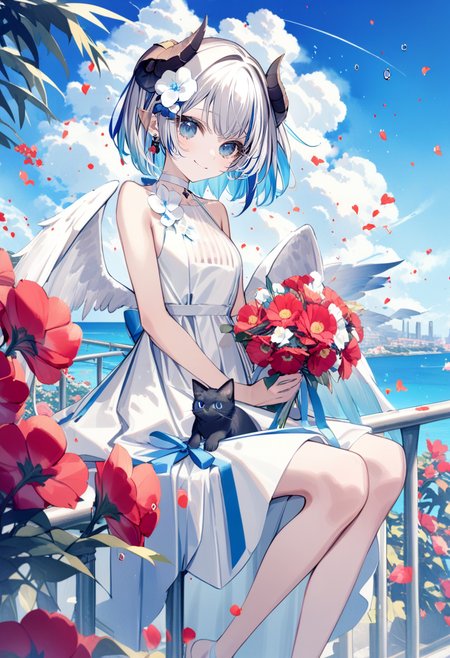masterpiece, best quality, <lora:yoggiXL_ANI31_lokr_V43P1:0.95>  1girl, cat, dress, flower, sky, blue eyes, white dress, cloud, bouquet, blue sky, wings, petals, multicolored hair, solo, holding, horns, railing, hair ornament, outdoors, day, holding bouquet, looking at viewer, short hair, hair flower, bare shoulders, black cat, sitting, virtual youtuber, animal, smile, white cat, on railing, jewelry, white hair, feathered wings, blue hair, two-tone hair, water drop, ribbon, closed mouth, sleeveless dress, earrings, grey hair, sleeveless, red flower, gradient hair, cloudy sky, bow, choker, bubble