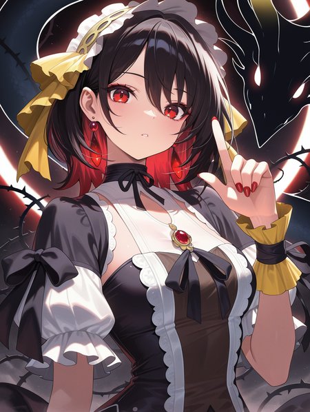 1girl,solo,looking at viewer,index finger raised,upper body,nail polish,solar eclipse,dark theme,thorns,red earrings,black dragon,black princess dress,yellow hairband,yellow short sleeves,
masterpiece,best quality,amazing quality,very aesthetic,absurdres,newest,<lora:underworld goddess of the closed world illuXL v1:0.75>,