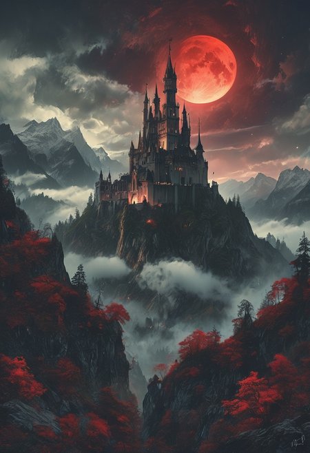 A captivating night scene illustration featuring a forboding and haunted castle on a great  great mountain. The castle and mountain are much like Neuschwanstein Castle in Bavaria.  This enchanting artwork captures a dark and ominous night, where an ominous red bloodmoon hangs above  over the  tree covered mountain range and castle which   stands resolute amidst the great mountains, creating a cinematic experience., illustration, cinematic
<lora:DonM3t3rn1tyXL-v1.1:0.7>, DonM3t3rn1tyXL,
OverallDetailXL  <lora:MJ52:0.3>  <lora:SDXLFaeTastic2400:0.4>  <lora:EpicF4nta5yXL:0.7>
