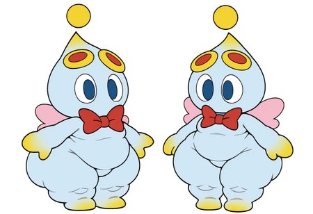 BREAK (1male, CheeseSonic, small blue body, round yellow sphere atop of head, yellow highlights on head hands and feet, large, oval-shaped blue eyes, Small pink wings, red bowtie, short, chibi,, chunky thighs, wide hips, solo), fat chunky ass, white_background, 2d, flat color