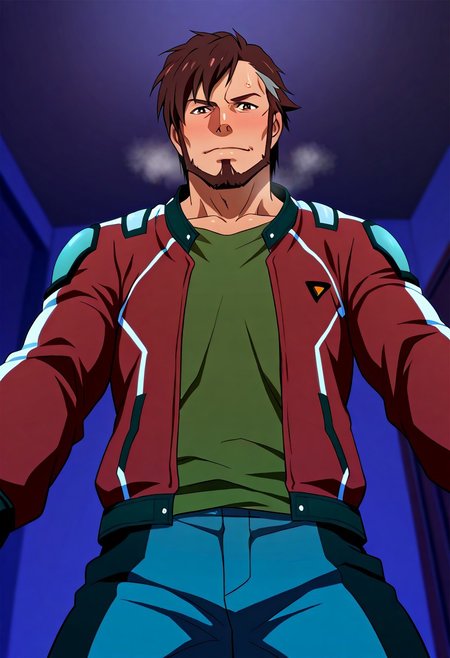 score_9, score_8_up, score_7_up, score_6_up, perfect anatomy, perfect proportions, best quality, masterpiece, high_resolution, high quality, best aesthetic, incredibly absurdres, highres, extremely detailed, huge filesize, solo male, adult, mature, masculine, manly, handsome, charming, alluring, standing, upper body, dutch angle, cowboy shot, perfect face, source_anime, anime coloring, MDArad, Arad Mölders, brown hair, two-tone hair, streaked hair, sideburns, brown eyes, facial hair, chinstrap beard, jawline beard, green undershirt, Arad's jacket\(Macross Δ\), red jacket, open jacket, long sleeves, grey pants, two-tone pants, tactical kneepads, , blurred background, upper body, dutch angle, realistic shading, night, dark natural lighting, expressive face, looking down at viewer, bend over, indoors bedroom, ceiling, from below, dutch angle, ((dynamic angle, foreshortening, pov, intricately detailed illustration, atmospheric perspective, depth of field, amazing quality, very aesthetic, absurdres)), newest, heavy breathing, sweatdrop, steamy, bashful, embarrassed, lewd, horny, kinky, 