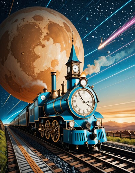 A surreal, steampunk-inspired painting of a fantastical train speeding through deep space, in the distinctive style of JarosÅaw Jasnikowski. The train is elongated, with exaggerated mechanical partsâgears, pistons, brass pipes, and rotating turbinesâinterwoven with intricate ornamentation and impossible engineering. The locomotive defies gravity, riding on luminous rails made of light and energy that twist and spiral into the cosmic void. Stars, nebulae, and strange planetary bodies fill the background, glowing in vibrant hues of violet, blue, and crimson. The train's engine emits streams of golden steam and electric sparks that blend into the surrounding stardust. Elements of surreal architectureâfloating domes, clock towers, and spiresâdrift alongside the train, evoking a dreamlike journey through a mechanical universe. The atmosphere is otherworldly, with dramatic lighting, long shadows, and rich, metallic textures. The entire composition has a dreamlike, metaphysical quality, with exaggerated perspective and impossible physics, capturing Jasnikowskiâs unique visual language.<lora:SDXLFaeTastic2400:0.4> <lora:extremely_detailed:0.4> extremely detailed,JarosÅaw J4sn1k0wsk1 <lora:JarosÅaw_J4sn1k0wsk1:1>, Masterpiece,best quality,hi res,8k,hi res,8k,award winning,(sharp focus, intricate, highly detailed),