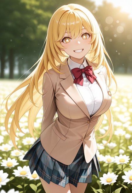 masterpiece,best quality,absurdres,highres,very aesthetic,high quality,detailed,insanely detailed,beautiful,perfect lighting, ,depth of field,blurry background,bokeh, looking at viewer, looking at viewer, flower field, smile, happy,  teeth, arms behind back, 
, tokiwadai school uniform, winter uniform, red bowtie, brown jacket, dress shirt, white shirt, collared shirt, long sleeves, plaid skirt, pleated skirt, miniskirt,,
 <lora:Shokuhou Misaki:1> 1girl, blonde hair, symbol-shaped pupils, star-shaped pupils, large breasts, long hair