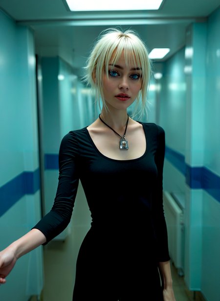 cinematic film still a young woman with blonde hair standing in a hallway. She is wearing a black long-sleeved top and a black necklace with a pendant. Her hair is styled in a short bob with bangs and she is looking directly at the camera with a serious expression. The hallway has blue and white striped walls and a high ceiling with recessed lighting. The overall mood of the image is dark and mysterious. <lora:add-detail-xl:.5>  <lora:Flux-style-xl-lora:.5>