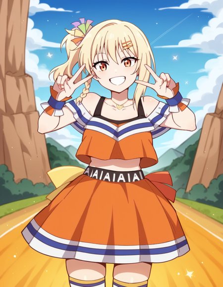 score_9, score_8_up, score_7_up, source_anime, <lora:ai-miyashita-saikou-heart-mv-ponyxl-lora-nochekaiser_r1:1>, ai miyashita, bangs, blonde hair, hair ornament, orange eyes, braid, sidelocks, medium hair, side ponytail, orange eyes, french braid,, skirt, thighhighs, jewelry, collarbone, necklace, off shoulder, tank top, wristband, cheerleader, pom pom (cheerleading), orange skirt, gyaru, heart necklace, canyon, cliffs, desert, rocky, open, smile, v,, looking at viewer, solo,, dutch angle, cowboy shot